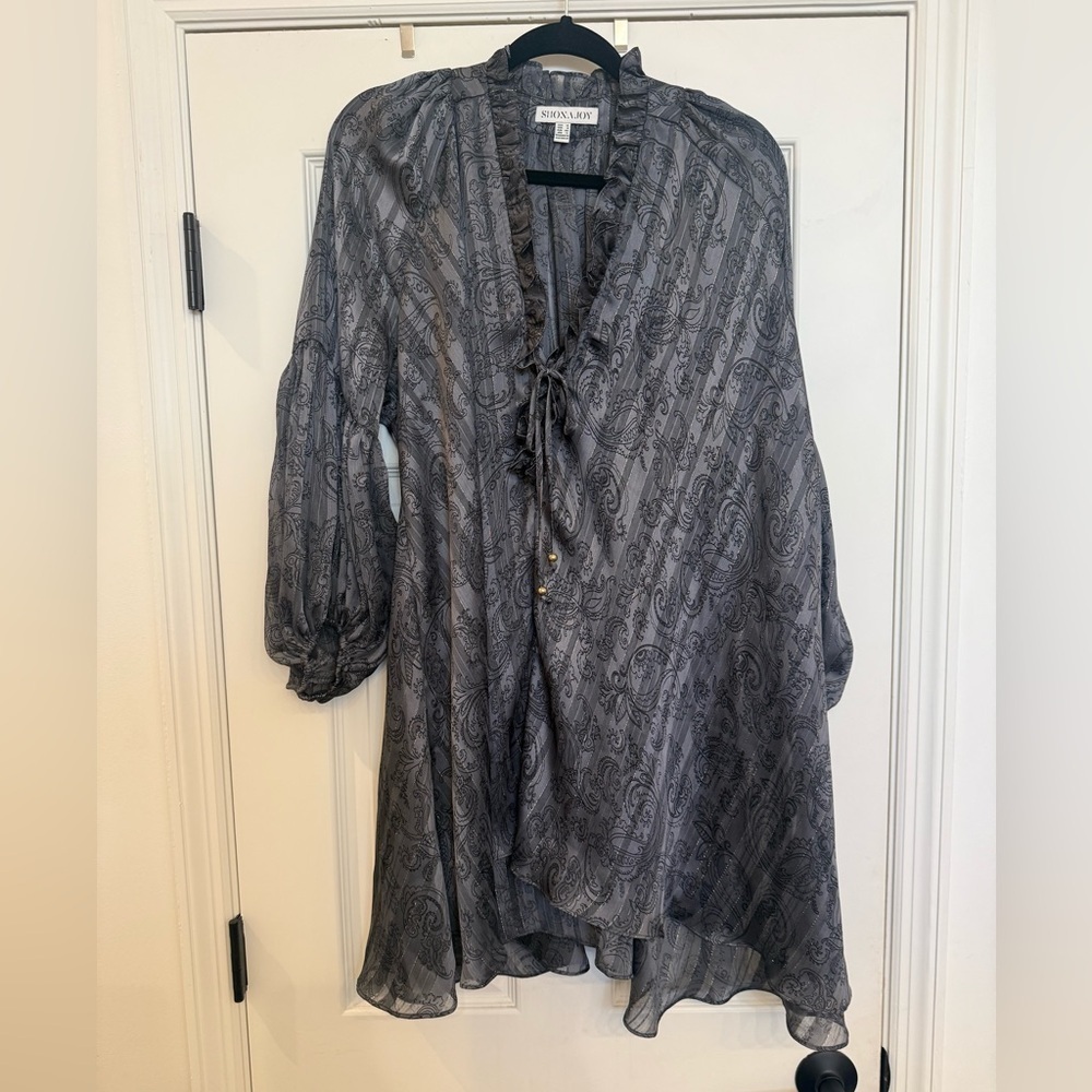 Shona Joy Metallic Paisley Print Balloon Sleeve Mini Flutter Dress US 8